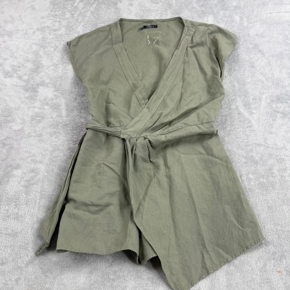 Zara Linen Blend Wrap Romper S Olive Green Womens Boho Summer Tie Waist Playsuit